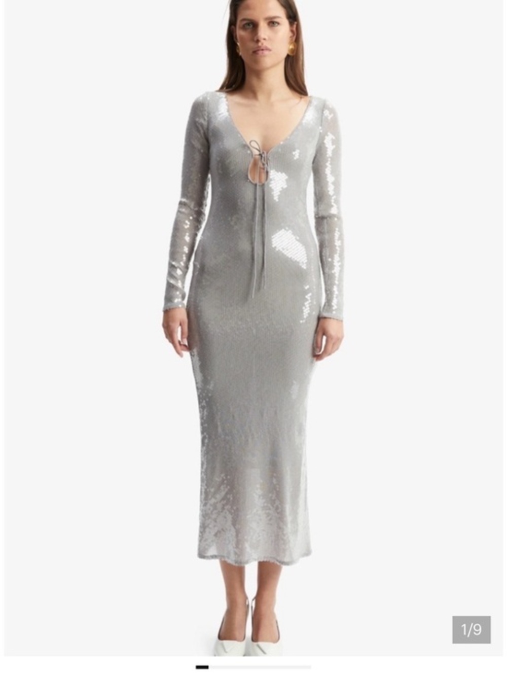 Bardot Silver Sequin Long Sleeve Midi Dress